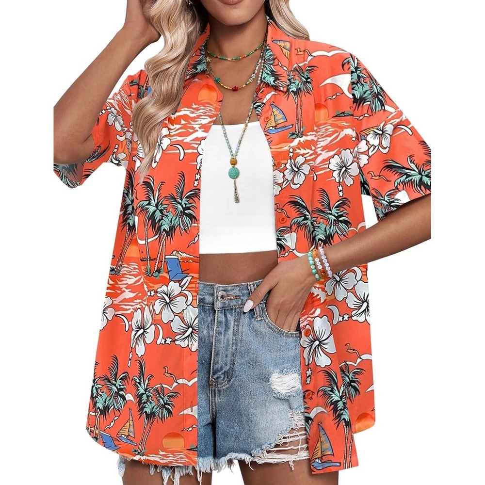NEW Women's Hawaiian Shirt Tropical Palm Tree Print‎ Button Down Orange XXL
